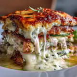 A freshly baked High Protein Chicken Zucchini Bake garnished with parsley, served warm alongside a fresh garden salad.