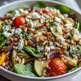 Colorful Mediterranean Farro Pasta Bowl with zesty lemon dressing and fresh herbs for serving.