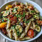 Creamy Whole Wheat Pasta Bowl with roasted zucchini, bell peppers, and tomatoes topped with crunchy pine nuts.