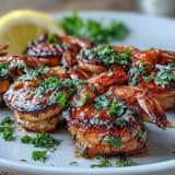 Perfectly charred honey garlic shrimp skewers, glistening with sweet glaze and herbs.