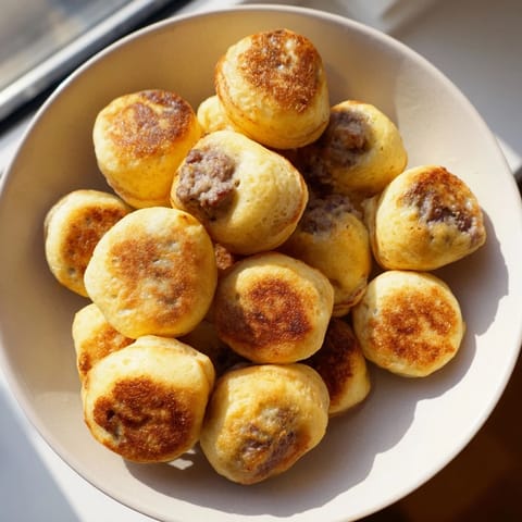 Mini pancake bites, perfectly cooked and glistening—imagine them served warm with syrup for dipping.