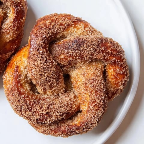Freshly baked cinnamon sugar pretzels with the perfect balance of sweet cinnamon and crunchy texture.