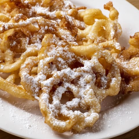 Golden-brown funnel cakes, crispy and dusted with powdered sugar, ready for a delicious bite.