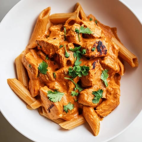 Close-up of Chicken Tikka Pasta plating with fresh cilantro garnish, showcasing vibrant red sauce coating every penne noodle. 