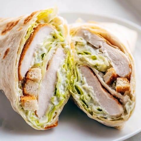 The Caesar Chicken Salad Wrap rests on a wooden board, packed with fresh romaine, parmesan, and croutons in a soft tortilla.
