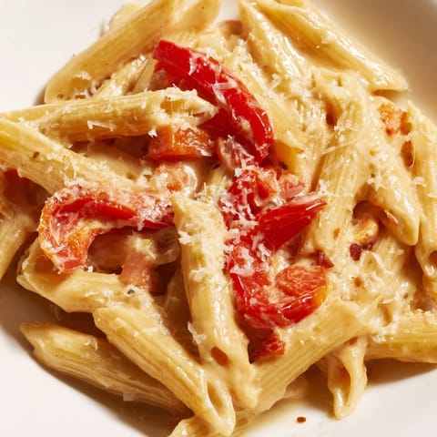 Fork twirls a bite of creamy Cajun pasta beside roasted bell pepper strips, ready for a comforting weeknight dinner.