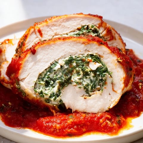 A close-up of tender chicken stuffed with creamy spinach ricotta, served with crusty bread.