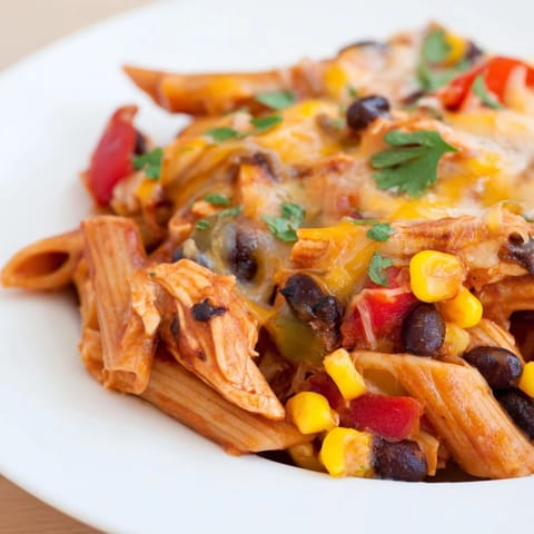 Serving suggestion for Chicken Enchilada Pasta, topped with fresh cilantro and diced avocado on a white plate for a vibrant Tex-Mex meal.