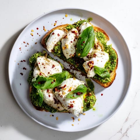 A vibrant plate of Pesto Chicken Burrata Toast features juicy chicken, melted burrata, and aromatic basil pesto on toasted bread.