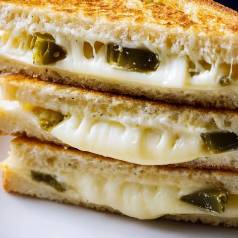 Sizzling jalapeño Havarti grilled cheese on a wooden cutting board, revealing a gooey, spicy interior between buttery, toasted bread.  