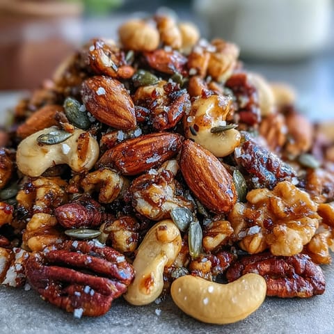 Golden toasted almonds, cashews, and walnuts coated in aromatic turmeric and cinnamon spices for a healthy savory snack.