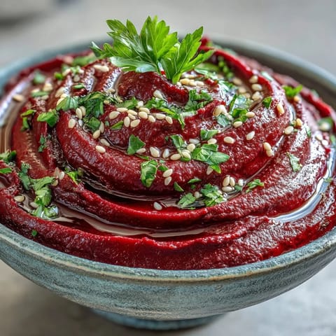 A vibrant bowl of Roasted Beet Hummus, garnished with olive oil drizzle, chopped parsley, and sesame seeds, ready for dipping.