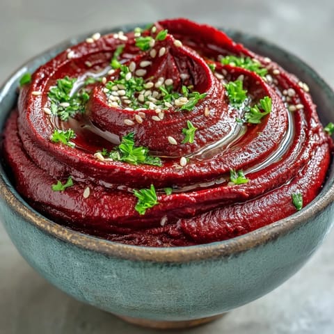 Roasted Beet Hummus in a rustic serving dish, its pink hue striking against a backdrop of pita chips and fresh vegetables.