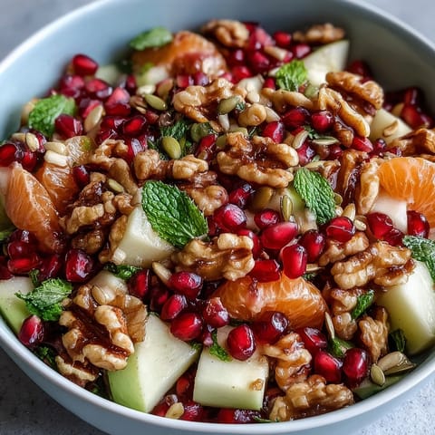 A close-up of the vibrant Pomegranate and Walnut Salad with glistening pomegranate seeds and chopped walnuts on a rustic wooden table.