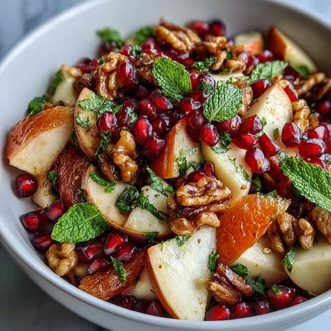 This fresh Pomegranate and Walnut Salad features juicy orange segments and crisp apple slices, drizzled with a honey-cinnamon dressing.