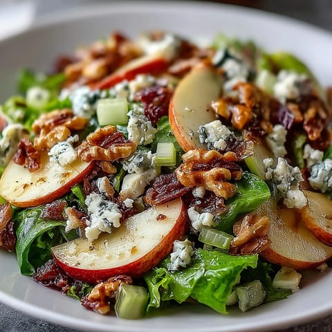 A vibrant Apple and Walnut Salad with crisp apple slices, crunchy walnuts, and a light vinaigrette, served over mixed greens for a refreshing, vegetarian-friendly bite.