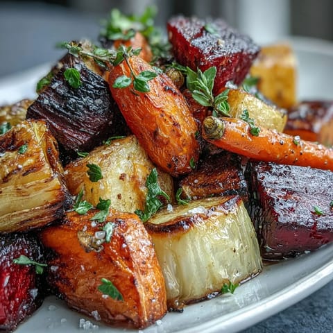 A close-up of Roasted Root Vegetable Medley on a white platter, showcasing caramelized carrots, parsnips, and sweet potatoes with a glossy finish.  