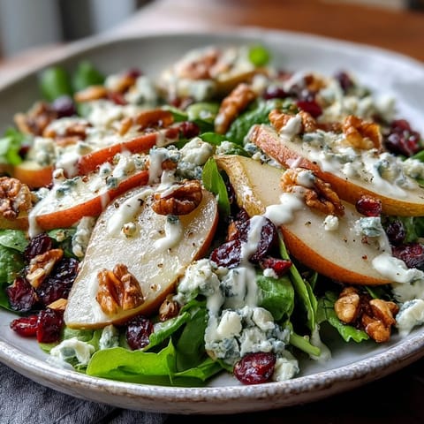 A close-up of the Pear Gorgonzola Salad featuring sliced ripe pears, crumbled Gorgonzola, and toasted walnuts on a bed of fresh arugula and spinach.