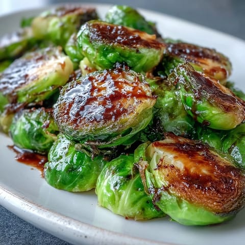 Golden roasted Brussels sprouts glistening with sticky balsamic glaze, served warm on a rustic platter.