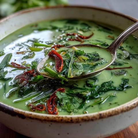 Creamy vegan Spinach Coriander Lemongrass Soup in a white bowl, garnished with fresh cilantro and chili slices, ready to serve.