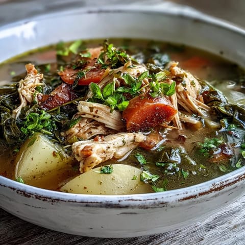 Close-up of Collard Greens, Chicken and Vegetable Soup, featuring vibrant collards, diced carrots, and savory broth in a rustic pot.