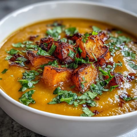 Bowl of warm Butternut Squash and Lentil Soup with a swirl of olive oil, served alongside crusty artisan bread.