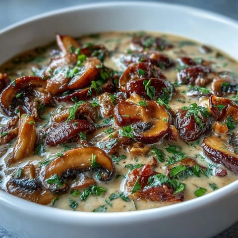 A bowl of Creamy Mushroom Stroganoff Soup paired with crusty bread on a cozy wooden table.