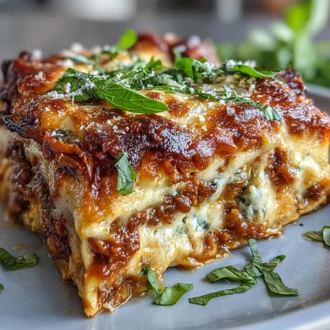 Golden, bubbling One-Pan Smoky Veggie Lentil Lasagne fresh from the oven, garnished with fresh basil.