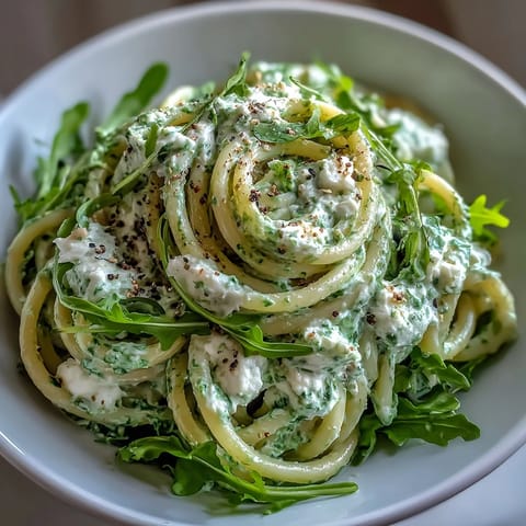 Steaming Linguine with Arugula Pesto served in a white bowl, garnished with extra peppery arugula leaves.