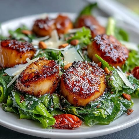 Pesto vinaigrette drizzles over crisp greens and plump scallops, garnished with toasted pine nuts.