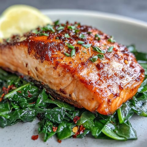 Air Fryer Salmon and Swiss Chard topped with garlicky greens and lemon.