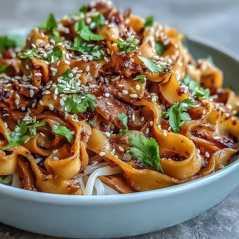 Garnished Gochujang Swede Noodles piled high with fresh cilantro and toasted sesame seeds.