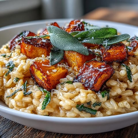 Autumnal Vegan Pumpkin Risotto with roasted pumpkin cubes and fresh sage garnish on a wooden table.
