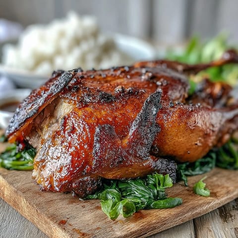 Sliced Five-Spice Roast Ducks served over steamed rice with stir-fried greens on a romantic table.