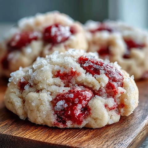 Frosted Soft Chewy Raspberry Sugar Cookies lined up on a cooling rack, showcasing their sparkly pink sugar coating and jammy berry specks.