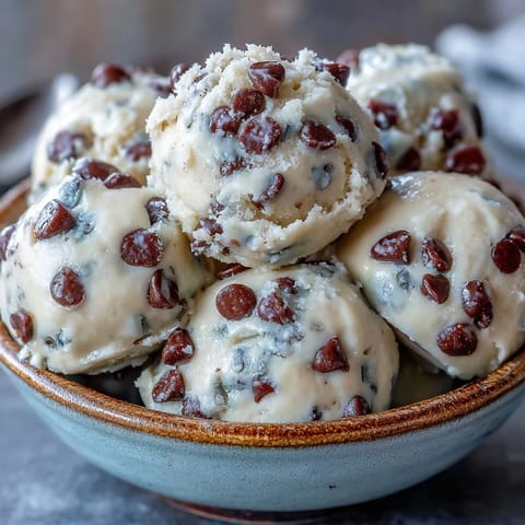 Freshly chilled scoops of Greek Yogurt Cookie Dough are studded with mini chocolate chips and ready to eat.