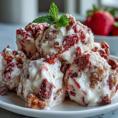 A close-up of creamy Strawberry & Banana Yoghurt Clusters showcasing a marbled swirl and crunchy banana chips.