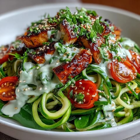 Brightly colored spiralized zucchini and sweet potato noodles topped with grilled chicken and a creamy tahini lemon drizzle.