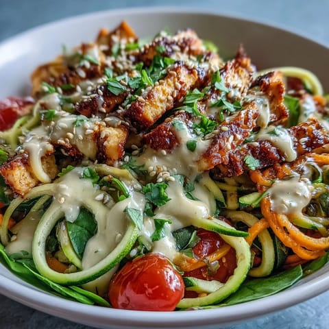 Fresh spiralized vegetable bowl with cherry tomatoes, spinach, and herbs, tossed in a rich sesame sauce and served immediately.