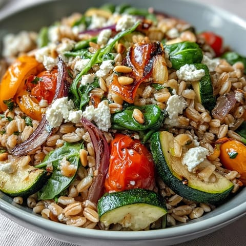 A vibrant Farro Pasta Bowl with sautéed vegetables, feta, and pine nuts on a rustic table.