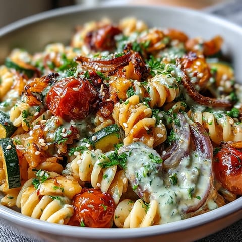 Golden roasted zucchini, bell peppers, and red onions mingle with chickpea pasta, ready for a creamy tahini drizzle.