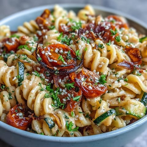 A vibrant bowl of chickpea pasta tossed with roasted veggies and parsley, topped with a rich tahini sauce.