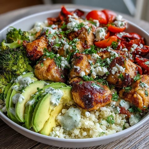 Golden-brown chicken and tender broccoli florets nestled on a bed of fluffy cauliflower rice, topped with sliced avocado and fresh cilantro.