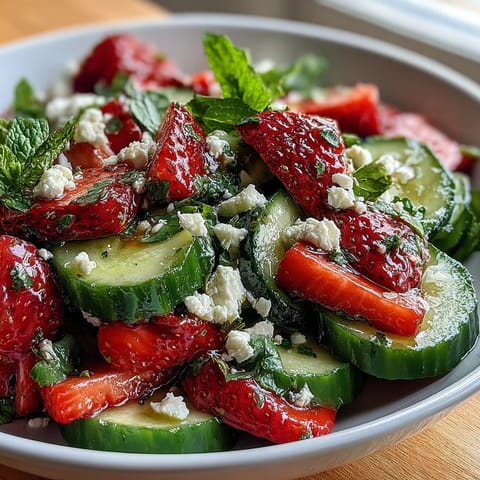 Fresh cucumber and strawberry salad with mint, a vibrant spring dish bursting with color and refreshing flavor.