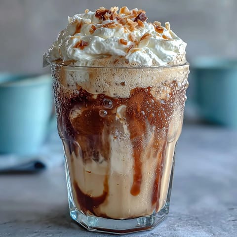 Creamy vanilla bean frappuccino with toasted coconut foam, a perfect summer treat with rich vanilla flavor and a frothy coconut topping.