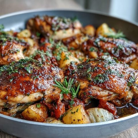 Sheet pan herb chicken with root veggies, golden chicken thighs nestled among colorful roasted carrots, parsnips, and sweet potatoes.  