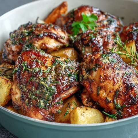 Juicy herb-marinated chicken and tender root vegetables roasted together for a hearty, flavorful one-pan dinner.  