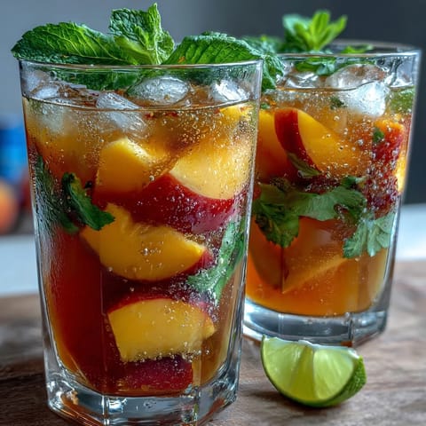 Vibrant mango peach sangria with citrus slices, mint, and sparkling water, perfect for summer gatherings and outdoor picnics.