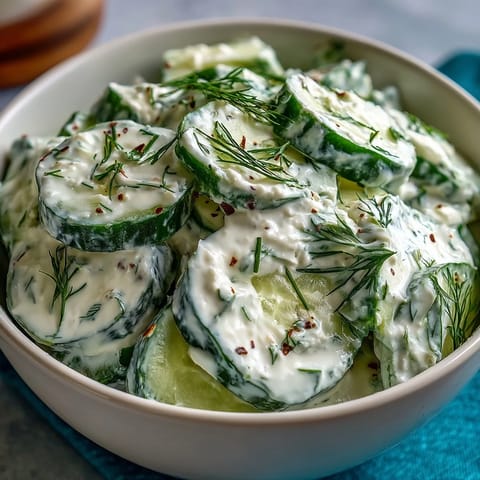 Creamy cucumber salad with dill and Greek yogurt, a refreshing side dish with crisp cucumbers in tangy dressing.