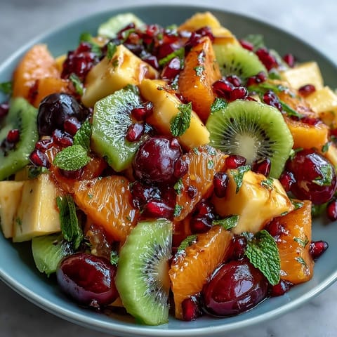 A vibrant tropical fruit display featuring ripe mango and pineapple slices arranged with kiwi, papaya, and berries for a refreshing summer treat.